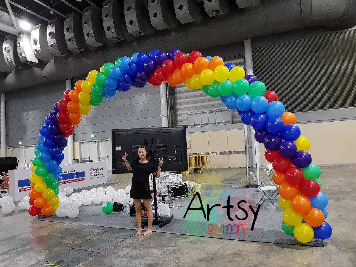 , Rainbow balloon arch for Skoolbo! Creators of Chuchu TV!, Singapore Balloon Decoration Services - Balloon Workshop and Balloon Sculpting